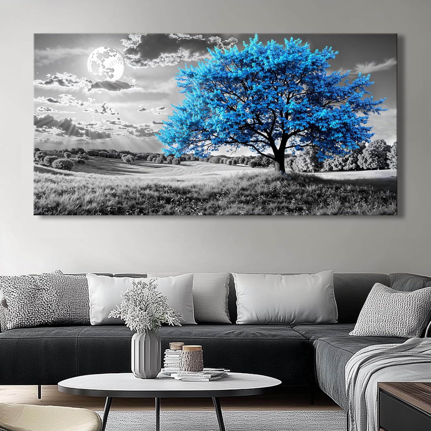 Blue Tree Canvas Wall Art - Modern landscape Paintings for Living Room, Bedroom Wall Decor, Framed Wall Art for Home or Office Decoration, Large Wall Art 20"x40"(50CMx100CM)