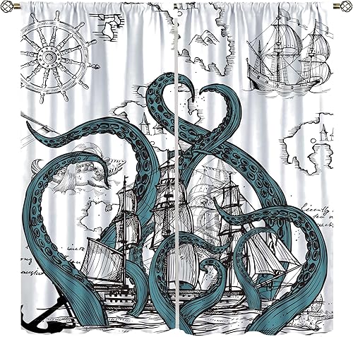 Miniatura 13 de Cortinas opacas con diseño de animales marinos, acuarela, ancla náutica, estrellas de mar, medusas, faro, caballito de mar, animales marinos,