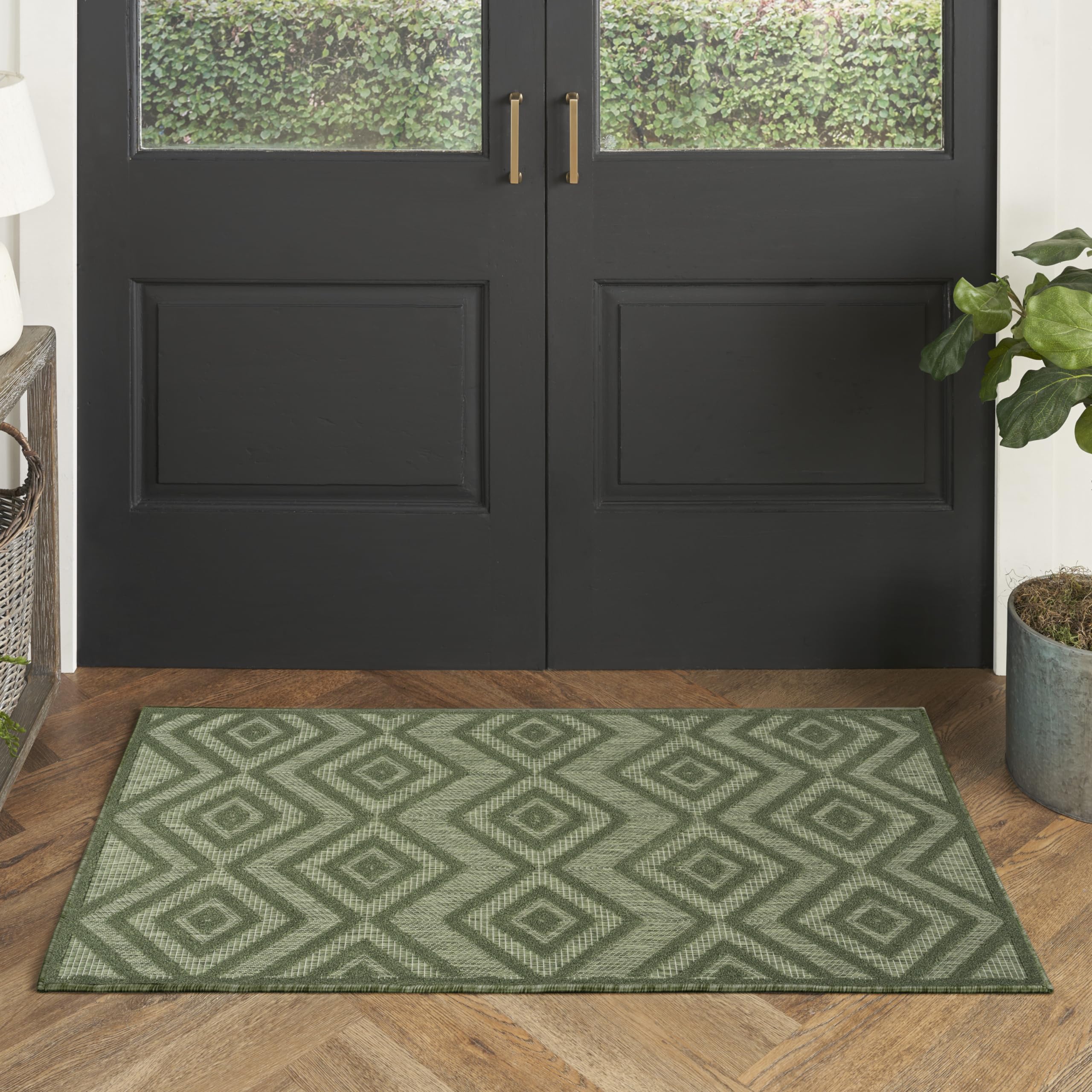 Nourison Versatile Modern Indoor/Outdoor Green 2' x 4' Area Rug, Easy Cleaning, Non Shedding, Bed Room, Living Room, Dining Room, Backyard, Deck, Patio (2x4)