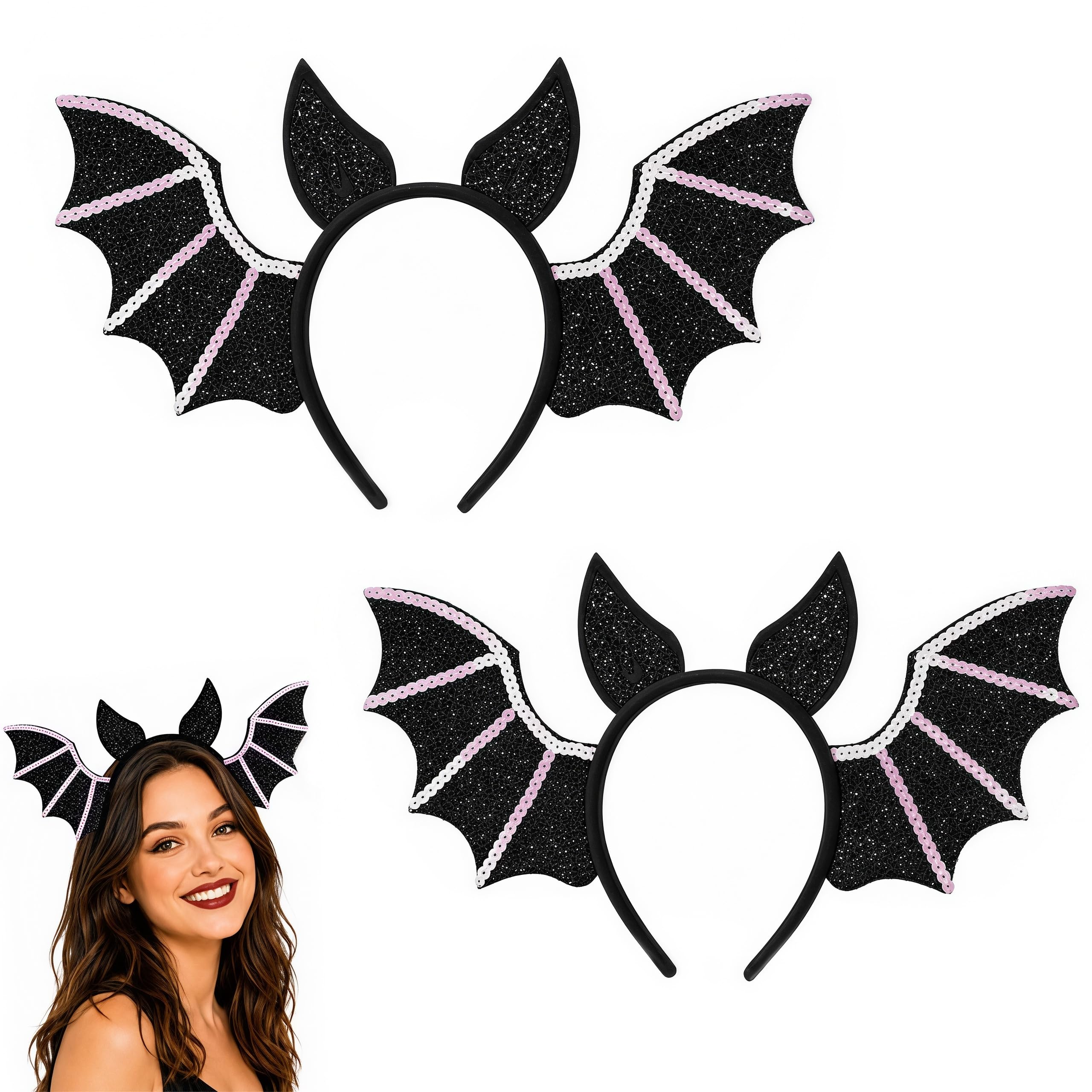 2 Pack Sparkly Black Bat Wings Headband, Gothic Halloween Costume Hair Hoop, Fancy Dress Headdress, Reusable Masquerade Vampire Cosplay Carnival Trick Or Treat Party Photo Accessory Gift For Women