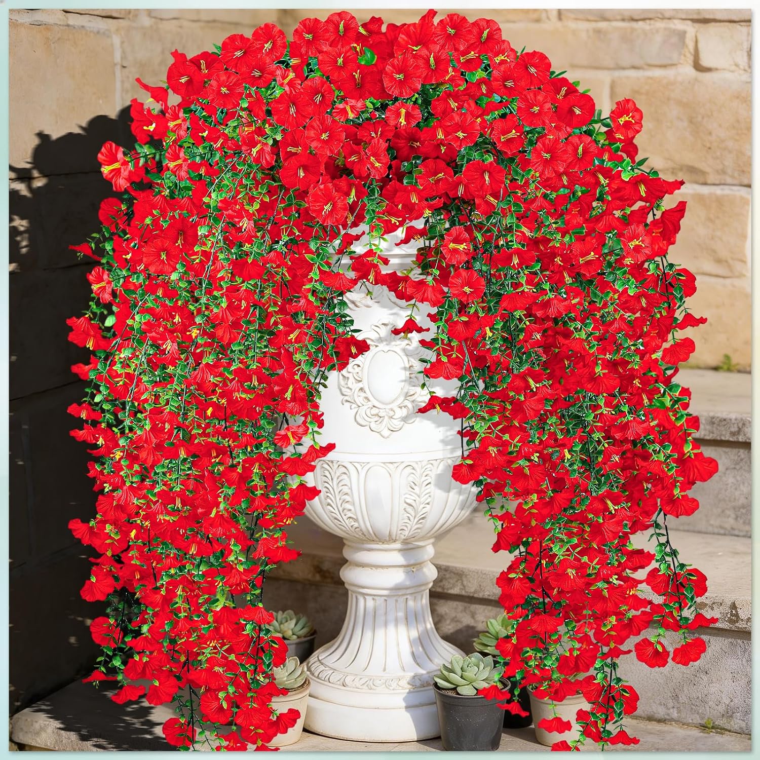 Artificial Hanging Flowers for Outdoors, 6Pcs UV Resistant Morning Glory Fake Flowers Outdoors Decorations, Realistic Silk Faux Hanging Plants Decor for Outside Planter Porch Patio Garden Home (Red)