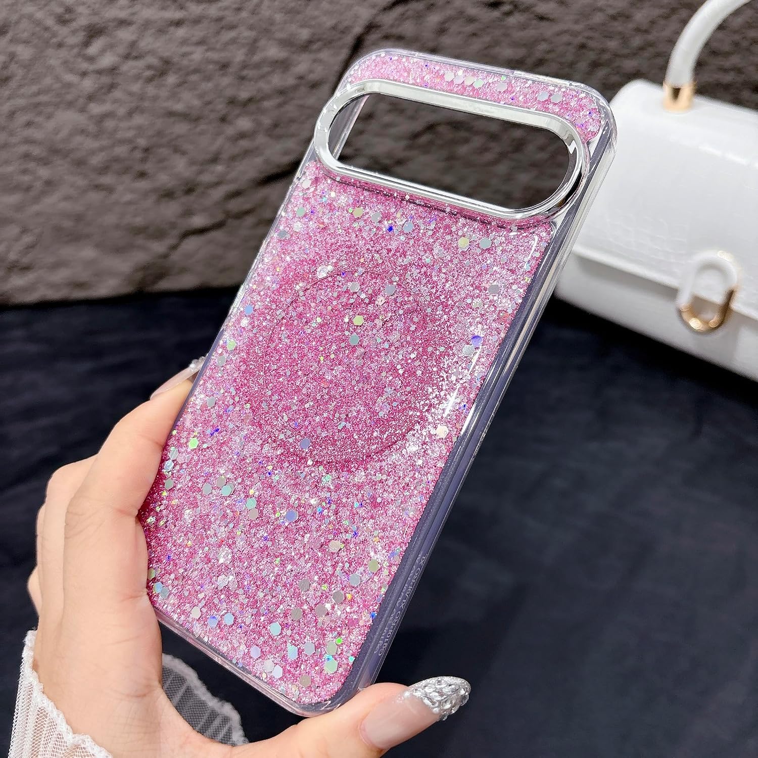Magnetic Glitter Case for Google Pixel 11/11 Pro/10/10 Pro/9/9 Pro Women Girly,[Compatible with MagSafe] Luxury Fashion Cute Shiny Bling Sparkly Phone Cover for Pixel 11/11Pro/10/10 Pro/9/9 Pro,Pink image 3