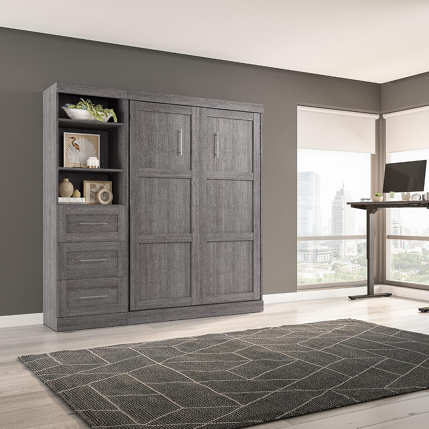 Bestar Pur Full Murphy Bed and Storage Unit with Drawers, 84-inch Space-Saving Wall Bed with Storage in Bark Grey