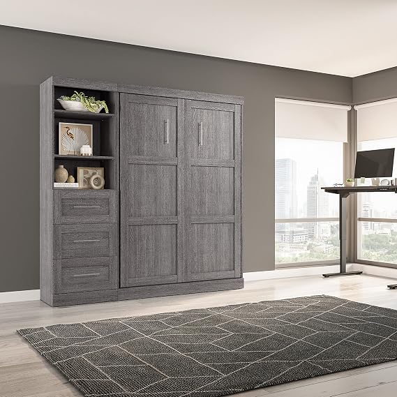 Bestar Pur Full Murphy Bed and Storage Unit with Drawers, 84-inch Space-Saving Wall Bed with Storage in Bark Grey