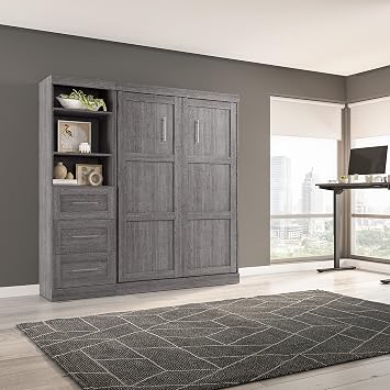 Bestar Pur Full Murphy Bed and Storage Unit with Drawers, 84-inch Space-Saving Wall Bed with Storage in Bark Grey