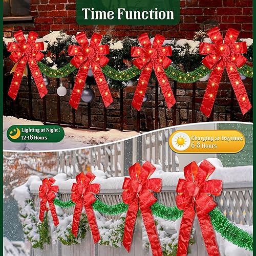 Miniatura 6 de Decoración de valla de lazos de Navidad de 13 pies, decoración de lazos de Navidad grandes iluminados con 140 luces LED con 8 modos y adorno de