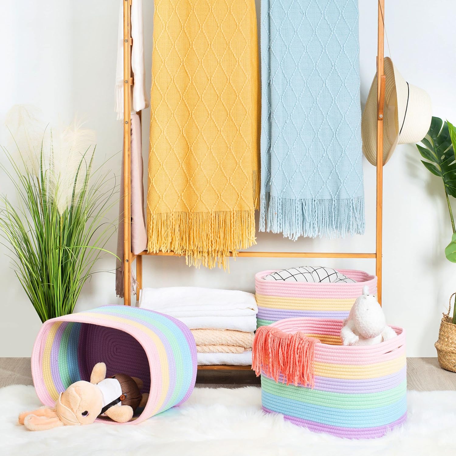 MINTWOOD Design 3-Pack Storage Baskets and Cube Bins for Shelves, Playroom and Classroom, Decorative Woven Closet Organizers for Books, Shoes, and Pantry Items, Pastel Rainbow
