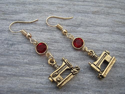 Miniatura 2 de Gold Sewing Machine Birthstone Earrings, 24K Gold Plated Quilter Earrings, Personalized Seamstress Charm, Hobby Jewelry