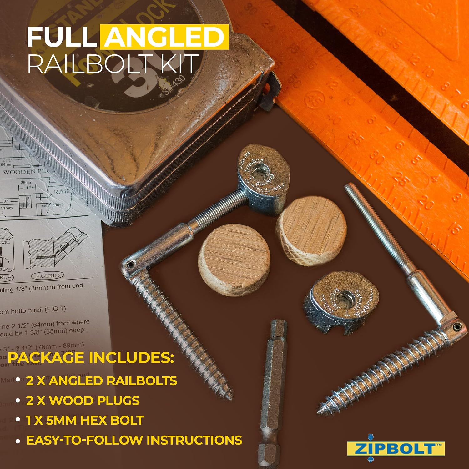 Zipbolt Angled Handrail to Newel Post Connector — 11.560 Angled Staircase Railbolt for Lower Connection Acute Angle Post Fastener, Easy Installation for Residential and Commercial Use — 1 Double Pack