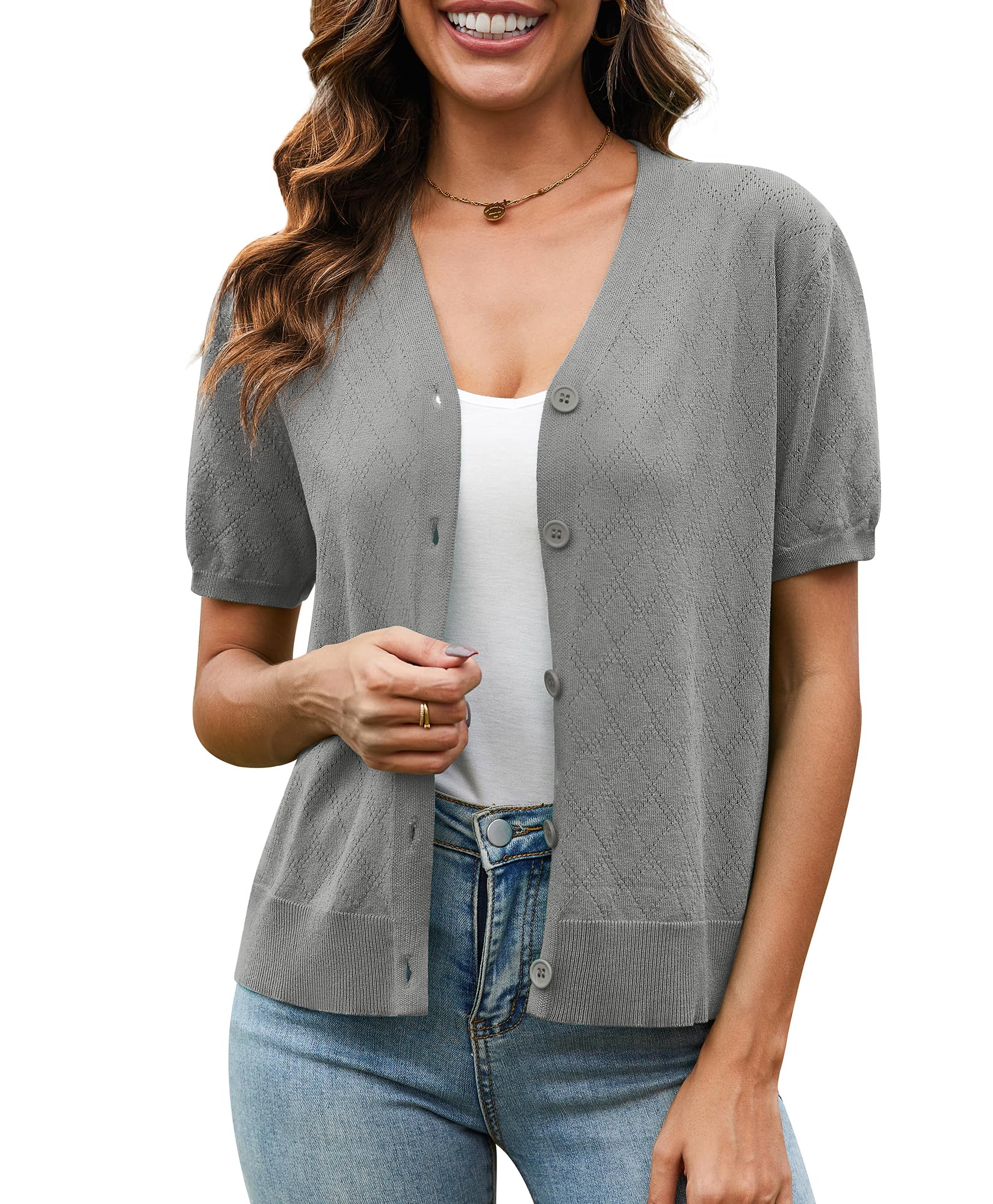 VIISHOW Short Sleeve Lightweight Summer Cardigan for Women, Button Down Open Front V Neck Crochet Knit Cropped Bolero Shrugs