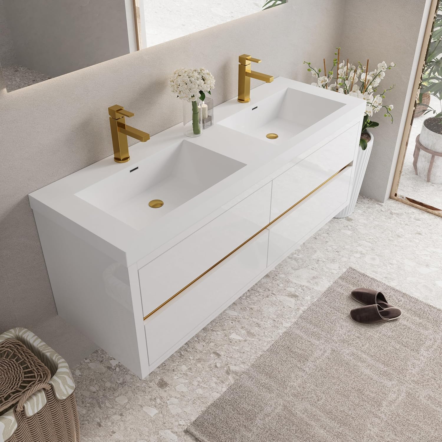Abruzzo 60" Glossy White Wall-Mounted Bathroom Vanity with Double Sink – Stone Resin Countertop & Soft-Close Drawers, Waterproof Wood Cabinet for Small Bathrooms
