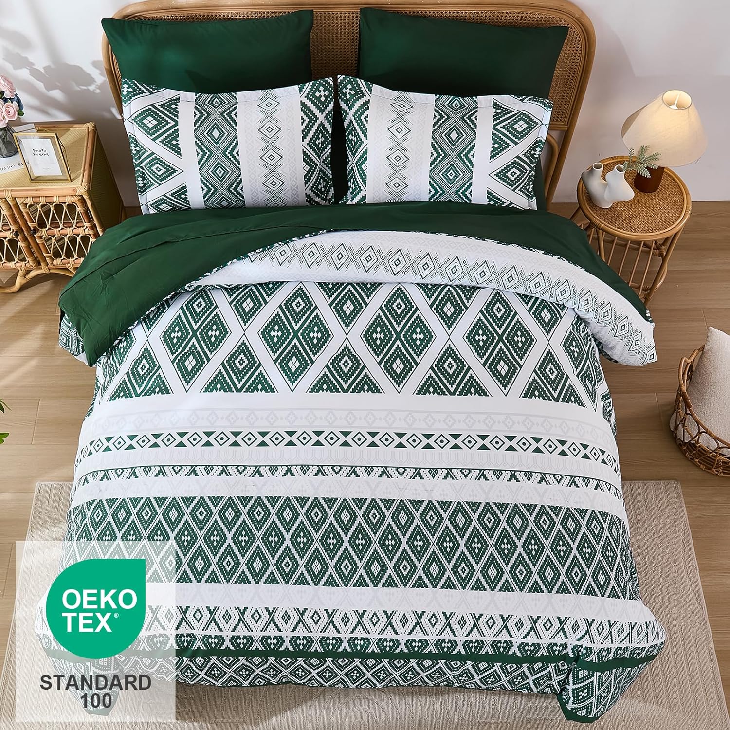 Luxudecor Green Comforter Set Queen Size 7 Pieces,Boho Aztec Comforter with Sheet Set,Geometric Striped Pattern Bed in a Bag,Soft Microfiber Bed Set 90"x90" - Image 3