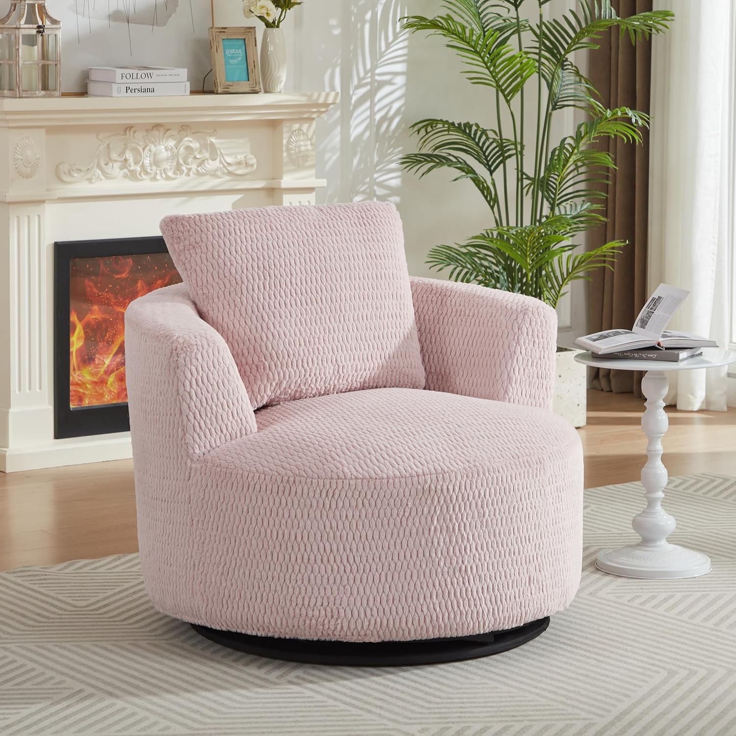 39.4" Comfortable Faux Fur Single Sofa with Pillow,360° Swivel Accent Chair,Modern Minimalist Style Reading Chair for Apartment,Living Room,Bedroom,Study,Pink
