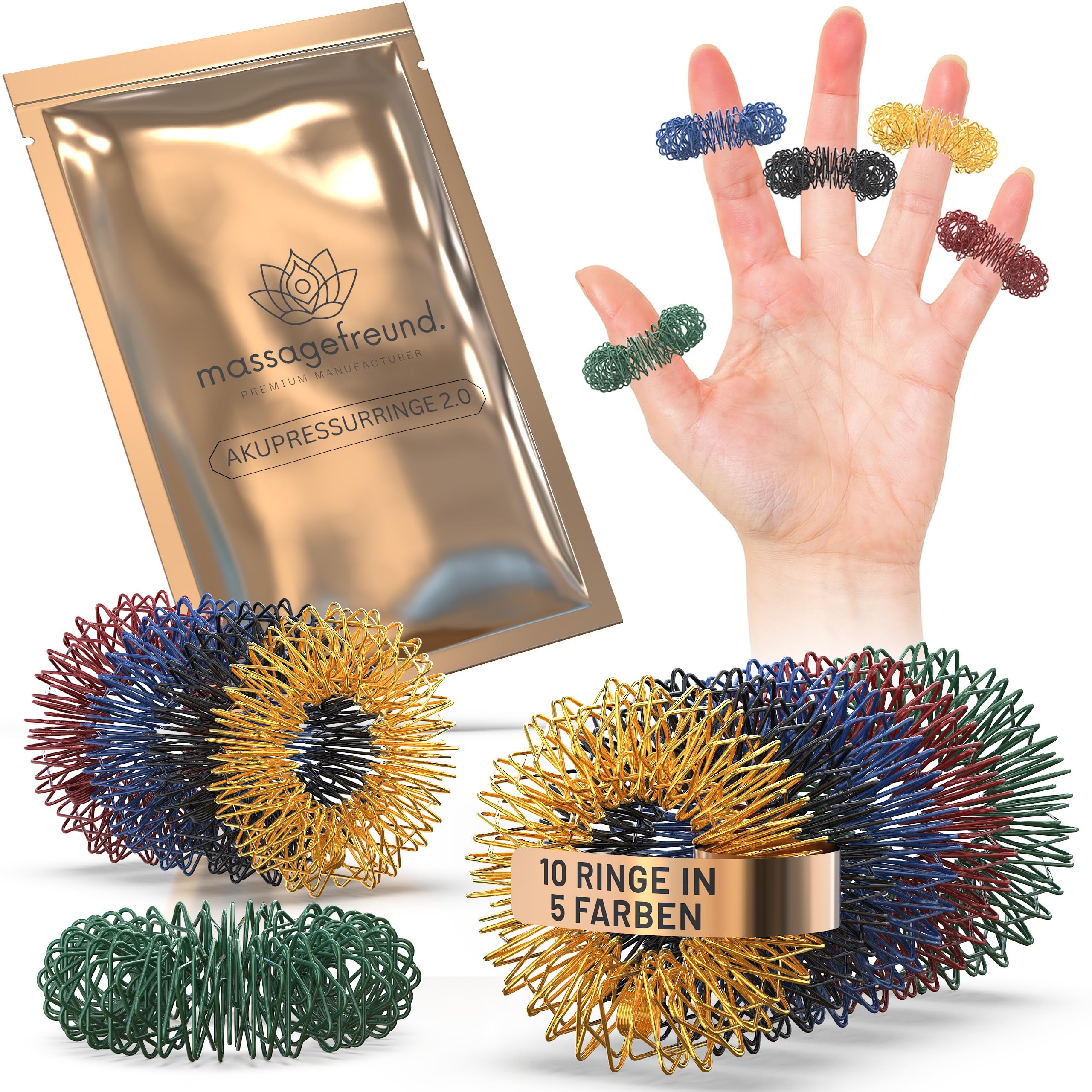 MASSAGEFREUND© Premium Akupressur Ringe - NEUHEIT 2026 - Akkupressurringe Stress-Ring Massageringe Fidget-Ring Skill-Ring Akupunktur Fingermassagering Adhs Anti Stress Finger Massage Ringe 10er-Set