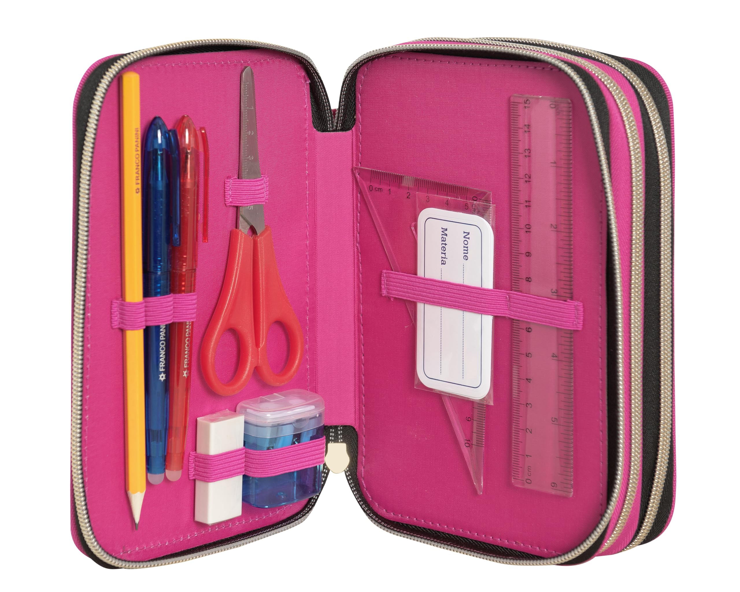 Franco Cosimo Panini Rainbow High - Estuche escolar oficial Rainbow High, estuche de 3 compartimentos para niña con juego de papelería, bolígrafo borrable azul Frixion y práctico cierre de cremallera,