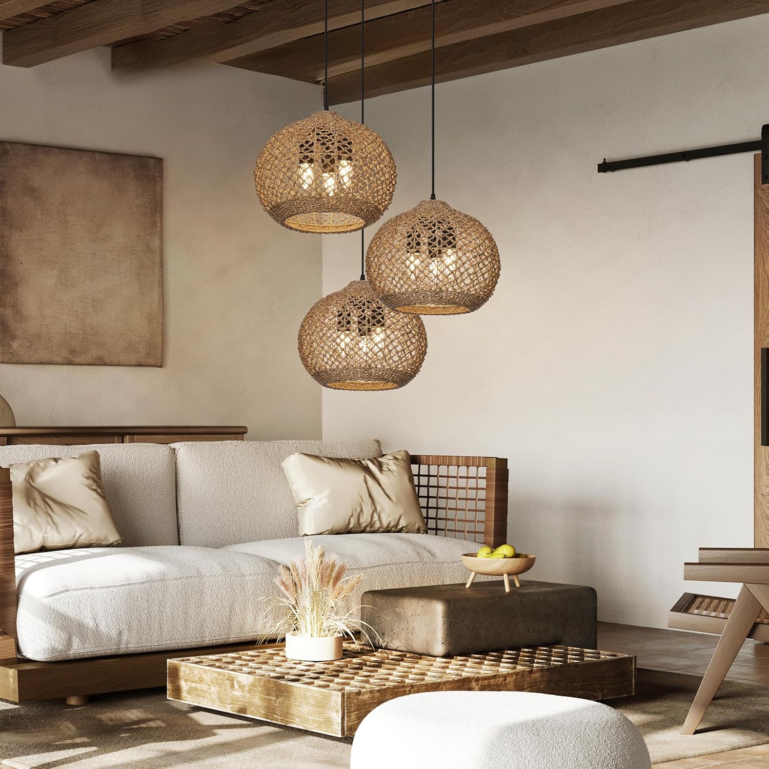 3-Light Boho Rattan Chandelier Light Fixture, 16.5" Hand Woven Rustic Chandeliers Farmhouse Chandelier Hanging Light for Dining Room Kitchen Island, Living Room, Foyer
