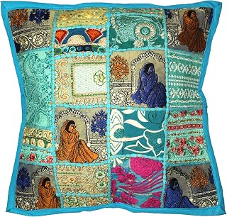 Decorative Patchwork Appliqué Accent Cotton Cushion Covers Handmade in Barmer, Rajasthan, India | Kambhari Ethnic Design That Adding Colour to Your Home | 16x16 in (Teal Blue)