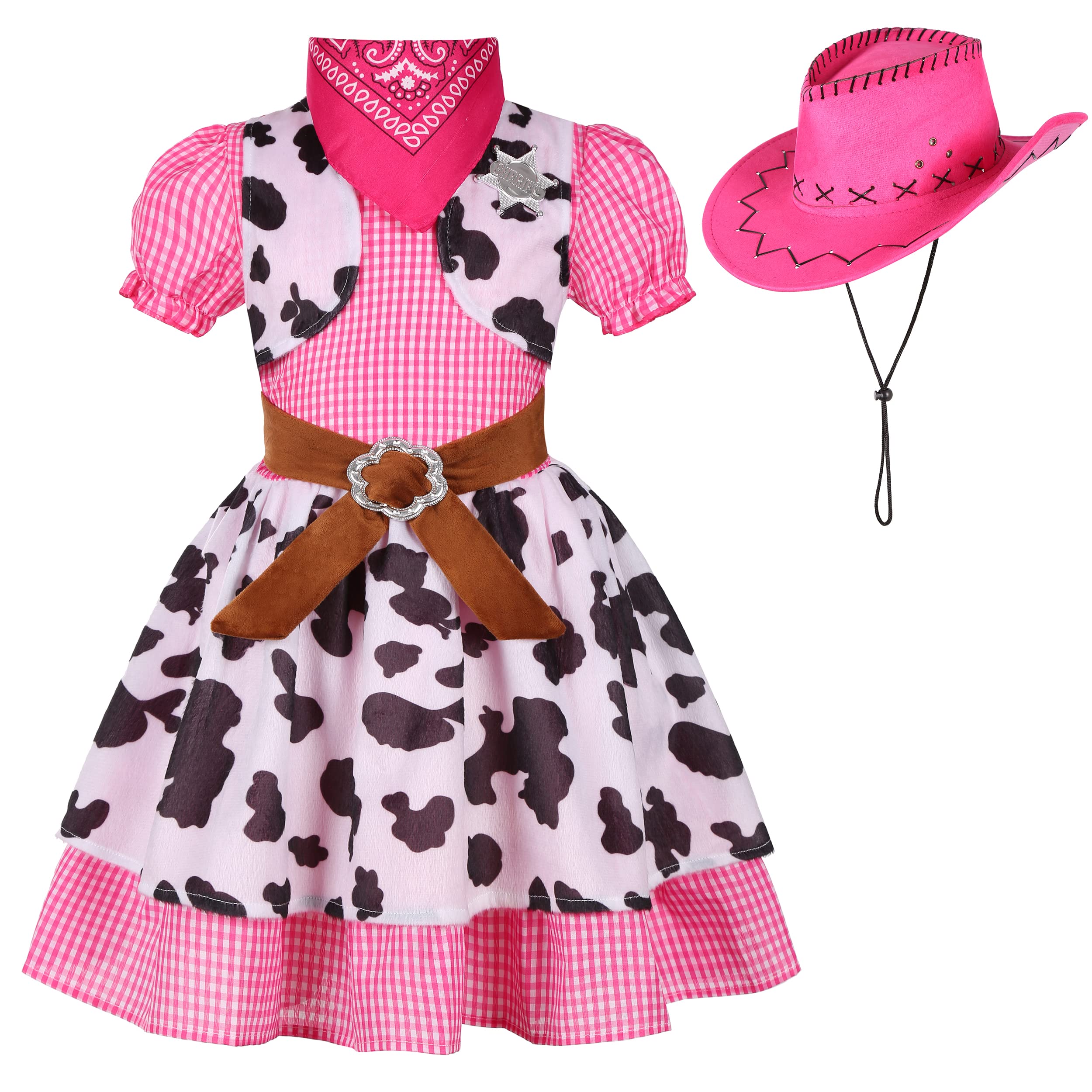 Nuehoryu Cowgirl Costume for Girls Western Outfit with Cowgirl Hat for Halloween Western Rodeo Dress Up (5-6 Years)