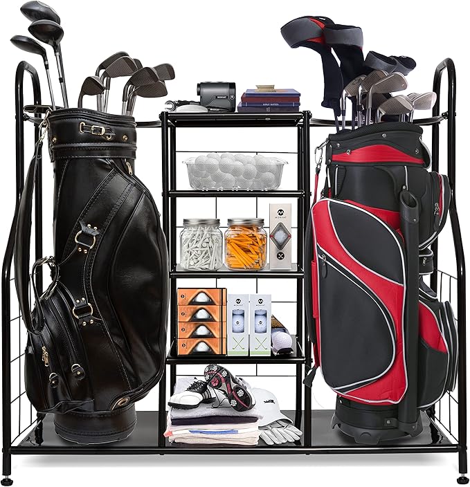 Morvat Golf Organizer Extra Large Double Metal Black Stand Perfect Way to Store & Organize Your Golfing Bags, Clubs, Balls, Gadgets, Accessories & Equipment in Shed, Basement, and Garage