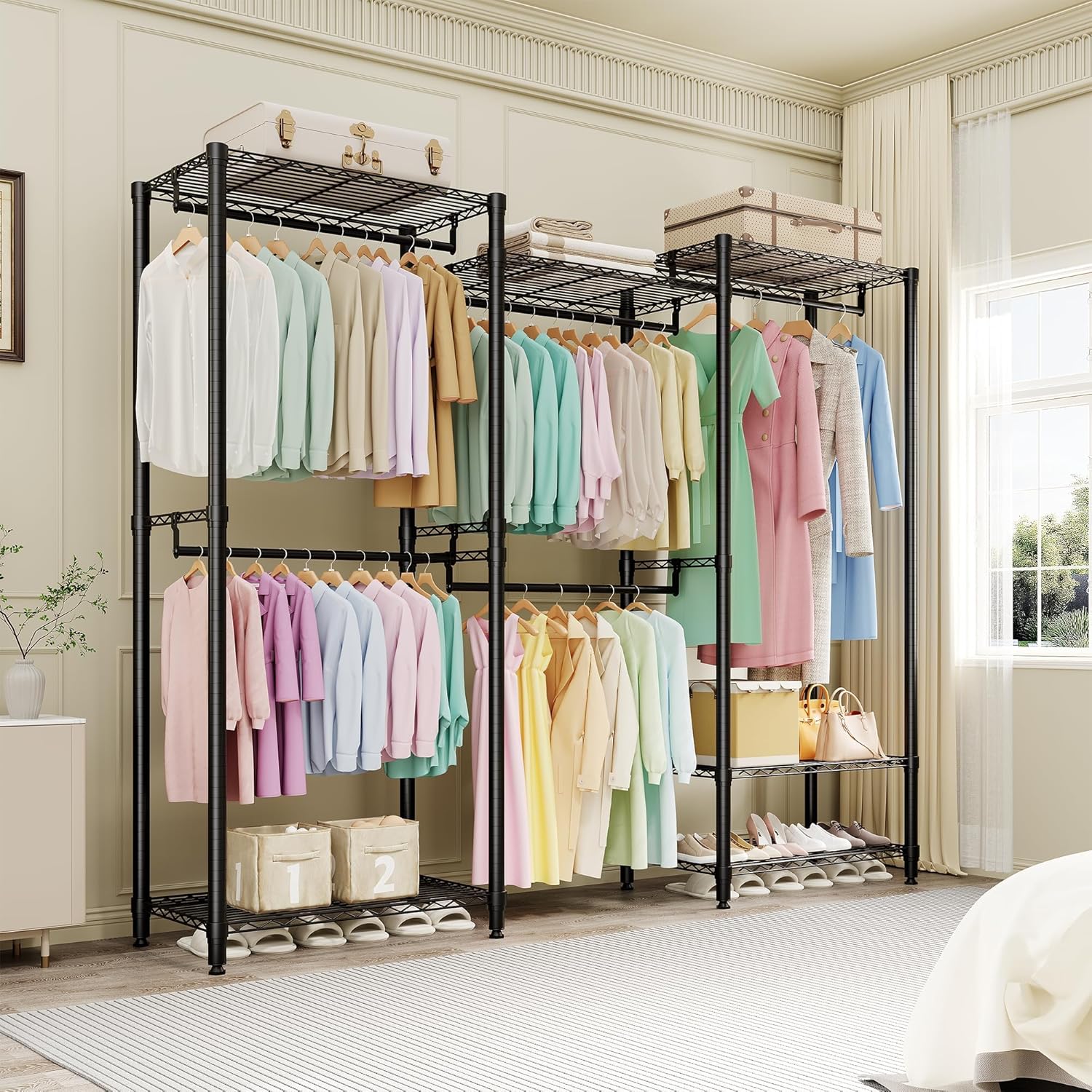 Freestanding Clothes Rack Garment Racks with 5 Rods for Hanging Clothes, Heavy Duty 1433LBS, Portable Closet Wardrobe Organizer with Adjustable Wire Shelves, for Bedroom, 76.5"H x 67.6"L x 15.5"W