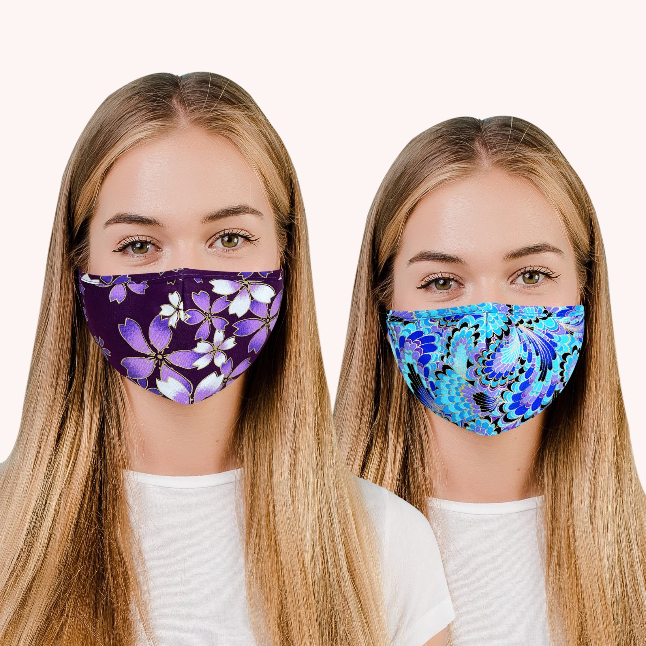 Face Masks with Nose Wire Washable UK Women, 3 Layers 100% Cotton Face Masks for Glasses Wearers | Reusable | Breathable | Filter Pocket | Adjustable air loops (2 x Masks) (Floral - O)