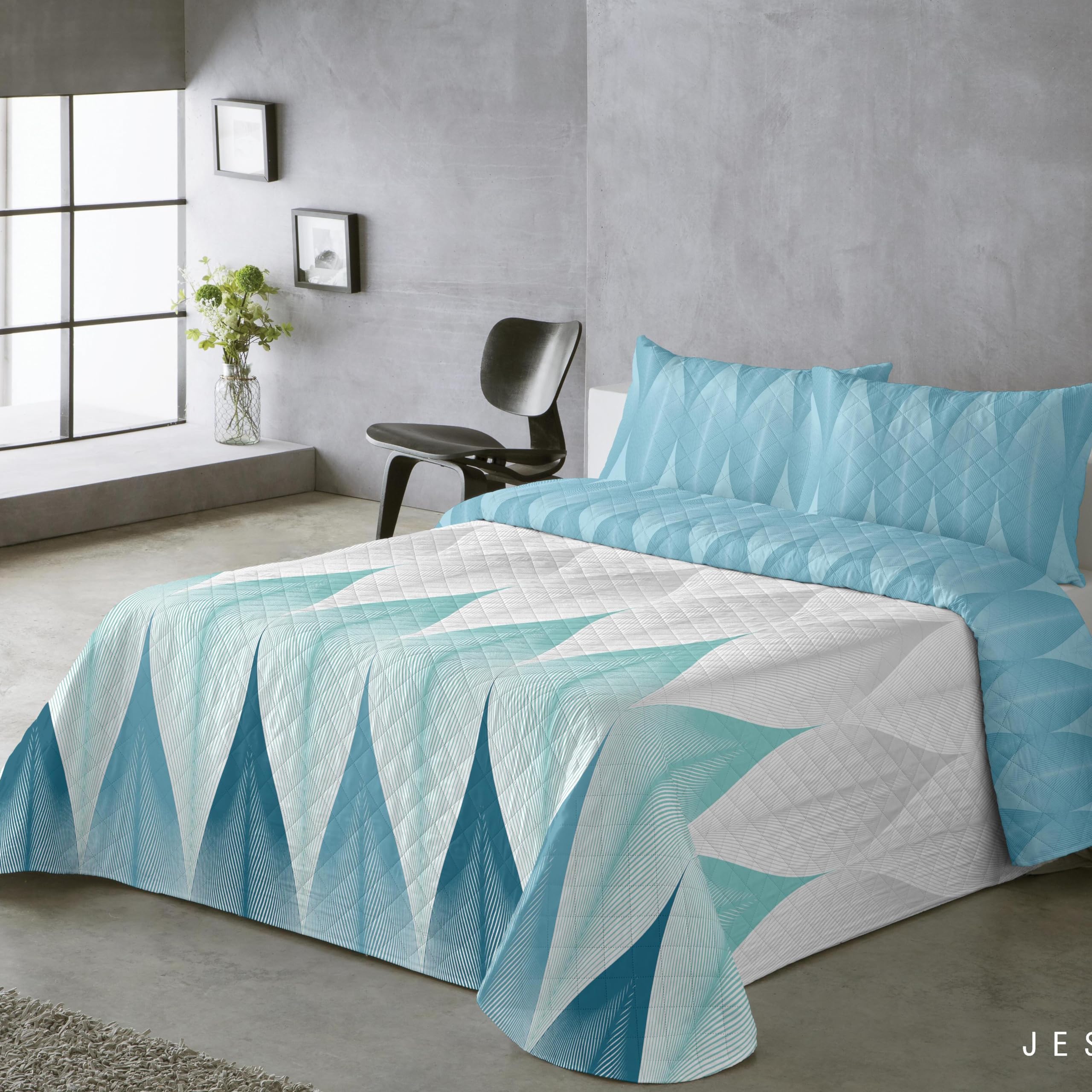 BOHEME Colcha Estampada Reversible Jessica Aguamarina Cama 150 cm - 250x270 cm