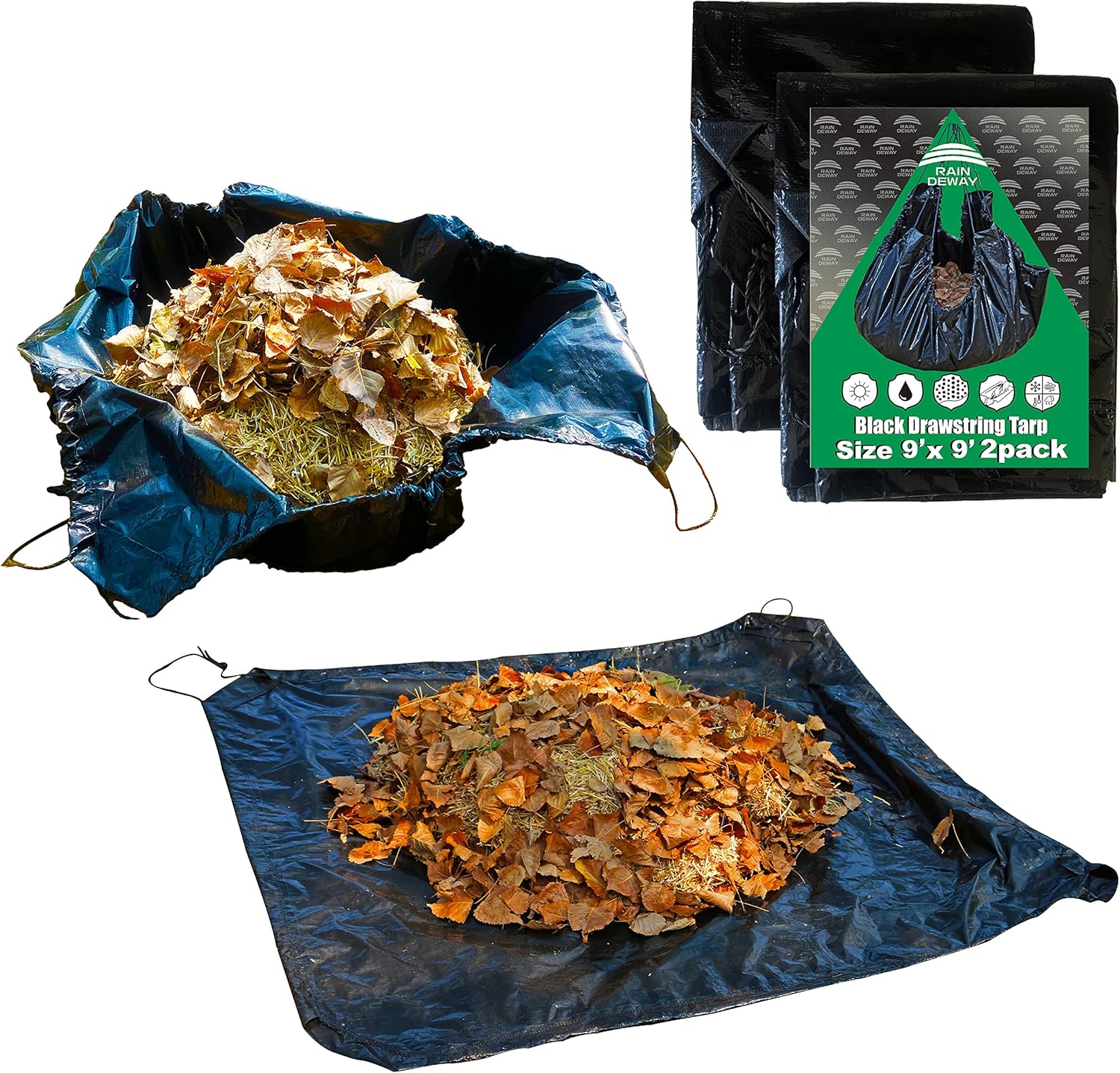 RAINDEWAY 9x9 Feet Black Poly Tarp (2pack) with Drawstring, Reusable Leaf Lawn Garden Yard Waste Tarp Bag