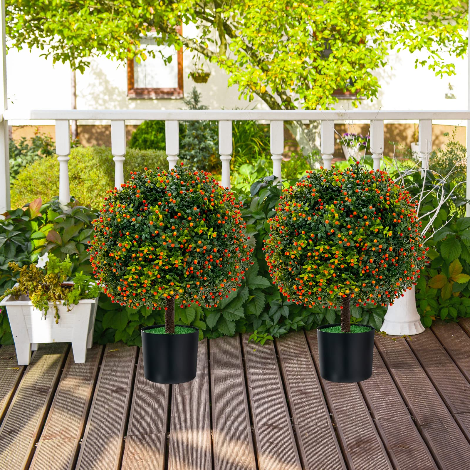 DREAMADE Artificial Boxwood Topiary Ball Trees 22’’, Sun Resistant Faux Potted Plants with Fruits, Decorative Fake Shrubs Bushes with Cement Pot, Topiary Trees Artificial for Outdoor Indoor Set of 2