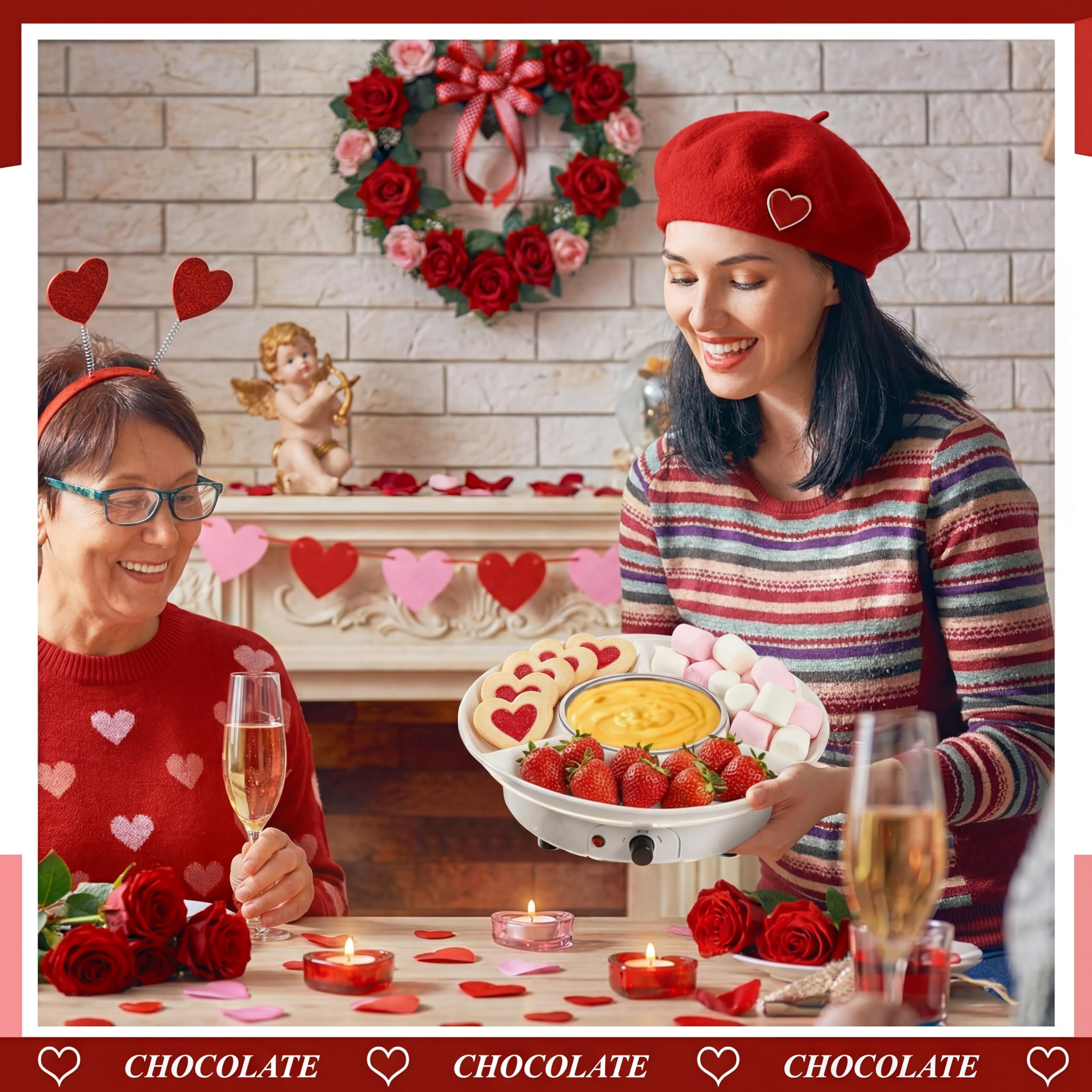 Lallisa Elektryczny zestaw garnków do fondue do czekoladowego fondue, prezent na ocieplenie domu, pomysły, elektryczny przyrząd do fondue z 4 widelcami, odłączane tace do serwowania do topienia,