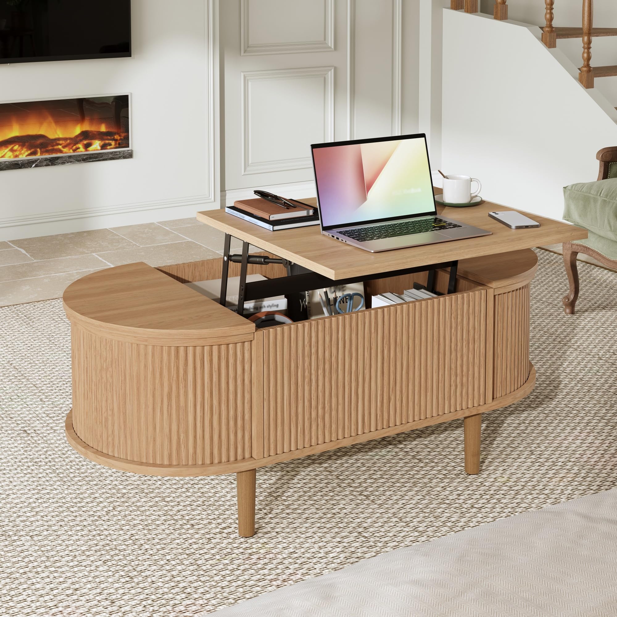 Merax Lift Top Coffee Table, Height Adjustable Oval Table with Storage