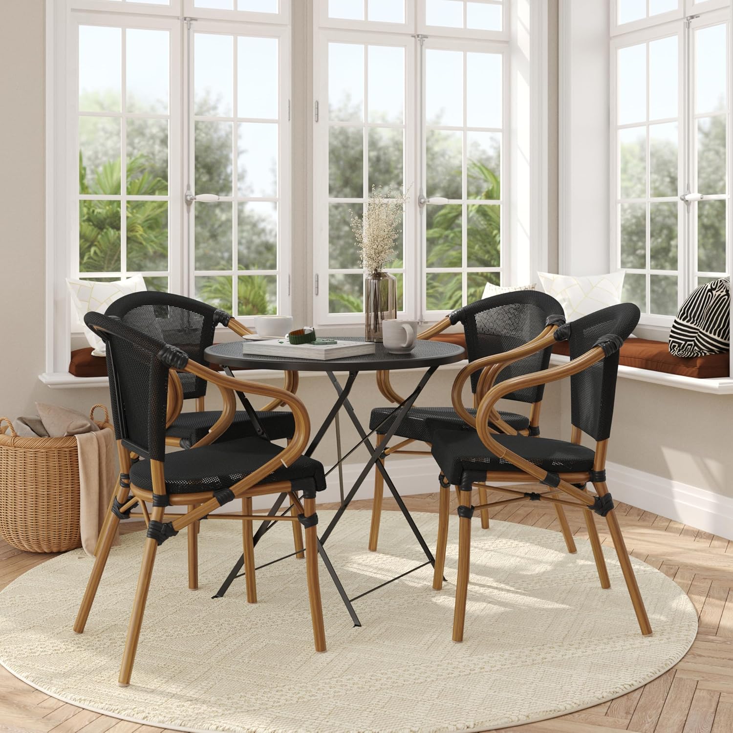 Flash Furniture Marseille Indoor/Outdoor Commercial Bistro Stack Chair - Curved Arms - Black Textilene Back and Seat - Natural Bamboo Print Metal Frame - 4 PK