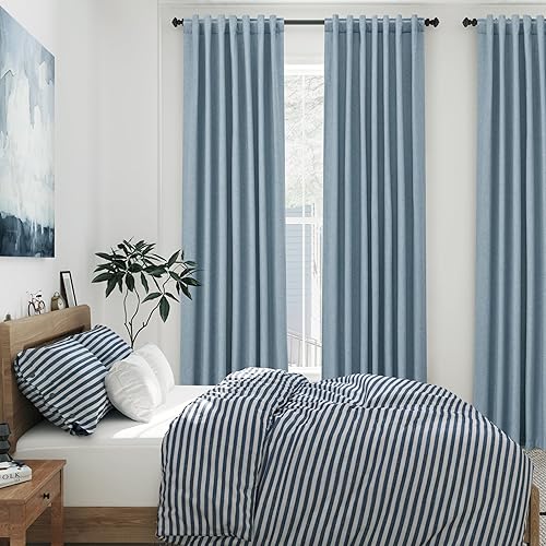Miniatura 7 de Nanspring Cortinas opacas de lino azul 100% de 95 pulgadas de largo, con bolsillo para barra, cortinas opacas con aislamiento térmico y textura para