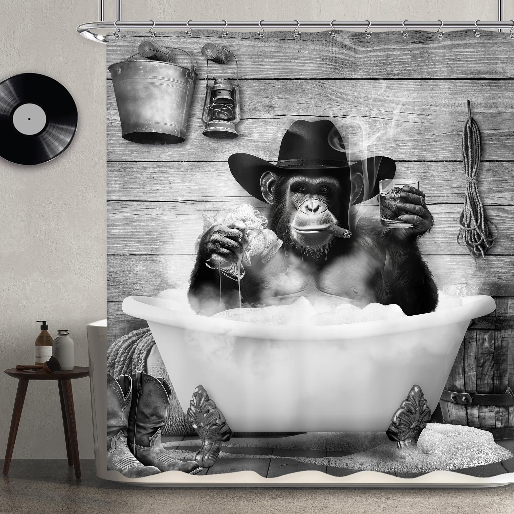 Newsely Funny Monkey Shower Curtain, 72"W x 72"H, Western Cowboy Chimpanzee in Bathtub, Black and White Animal World Shower Curtain, Bathroom Set, for Boys and Men, Waterproof