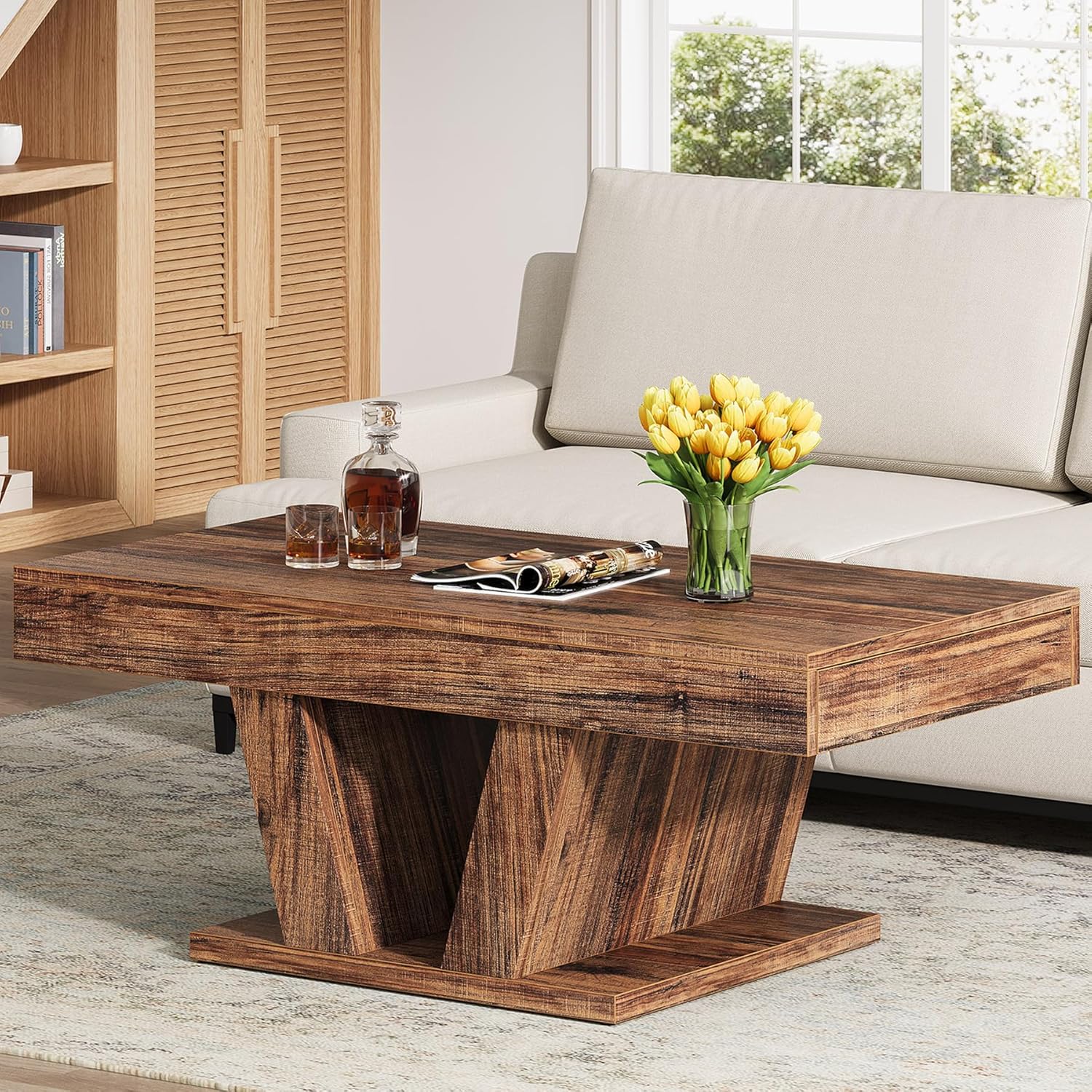 Farmhouse Coffee Table with 2 Side Drawers, 43 inch Wood Center Tea Table with Hidden Storage, Rectangle Cocktail Table for Living Room, Office, Small Space, Brown