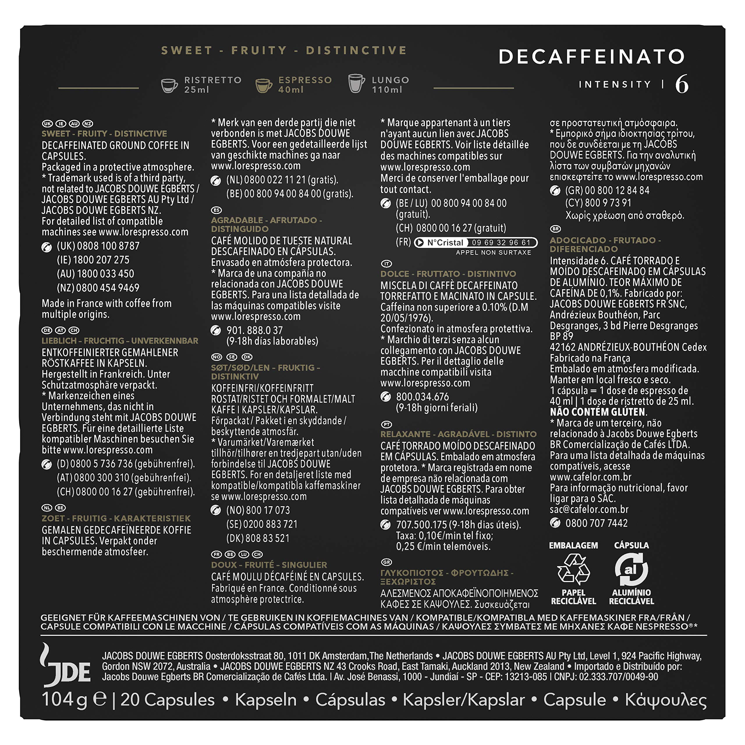 L'Or Espresso Café Decaffeinato – Intensidad 6 – 100 Cápsulas de Aluminio Compatible con Nespresso (5 x 20 Cápsulas)
