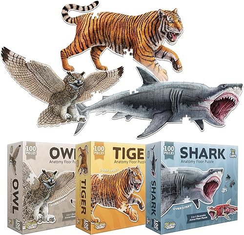 Rompecabezas de suelo de anatomía animal de tigre, tiburón y búho, rompecabezas de doble cara de 100 piezas, ilustración científicamente precisa, disponible en Yaxa Venezuela
