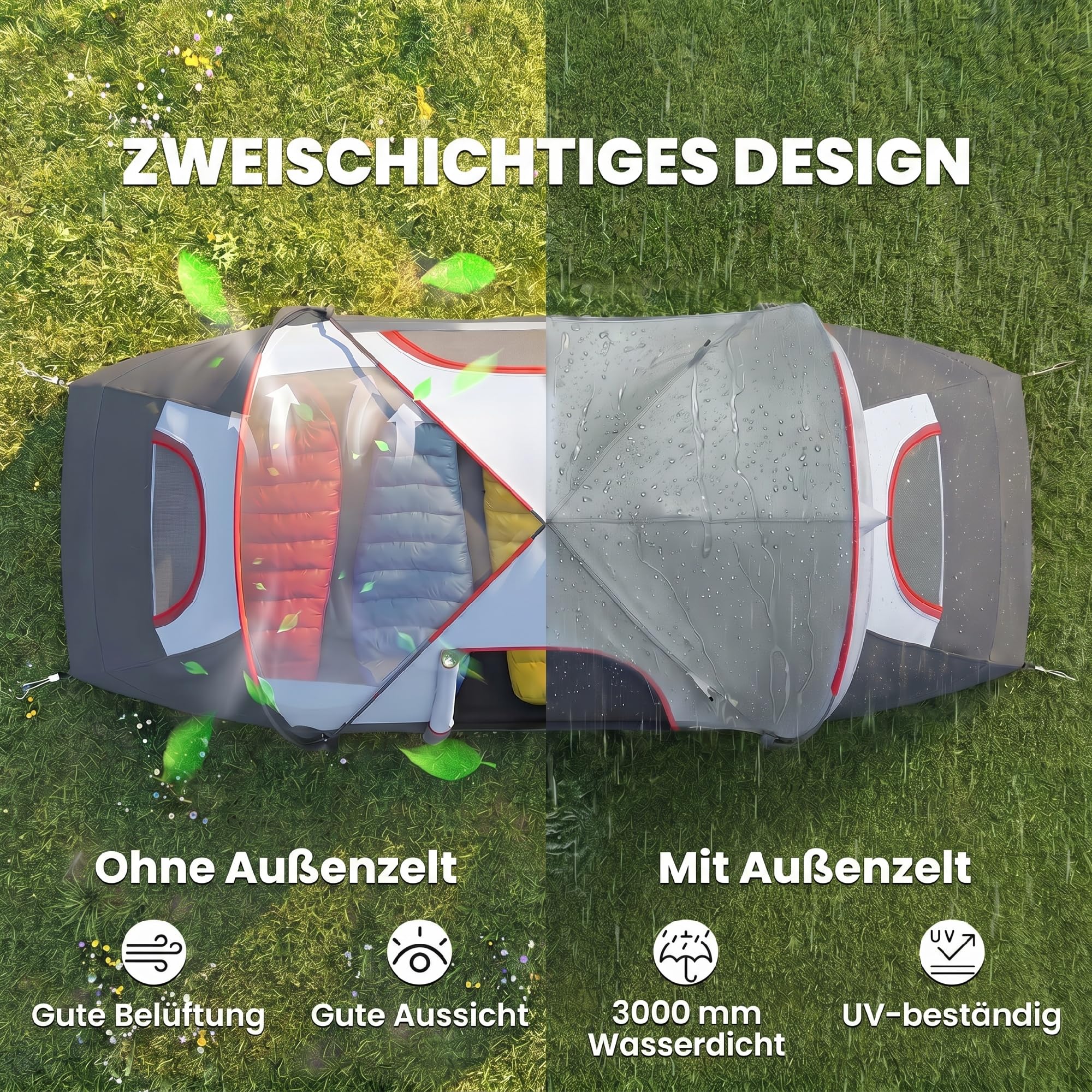 Outsunny Campingzelt für 5 Personen stabil wasserdicht Familienzelt mit Eingang Fenster Packtasche, Zelt mit 3000mm Wassersäule Tunnelzelt für Camping Reise Garten