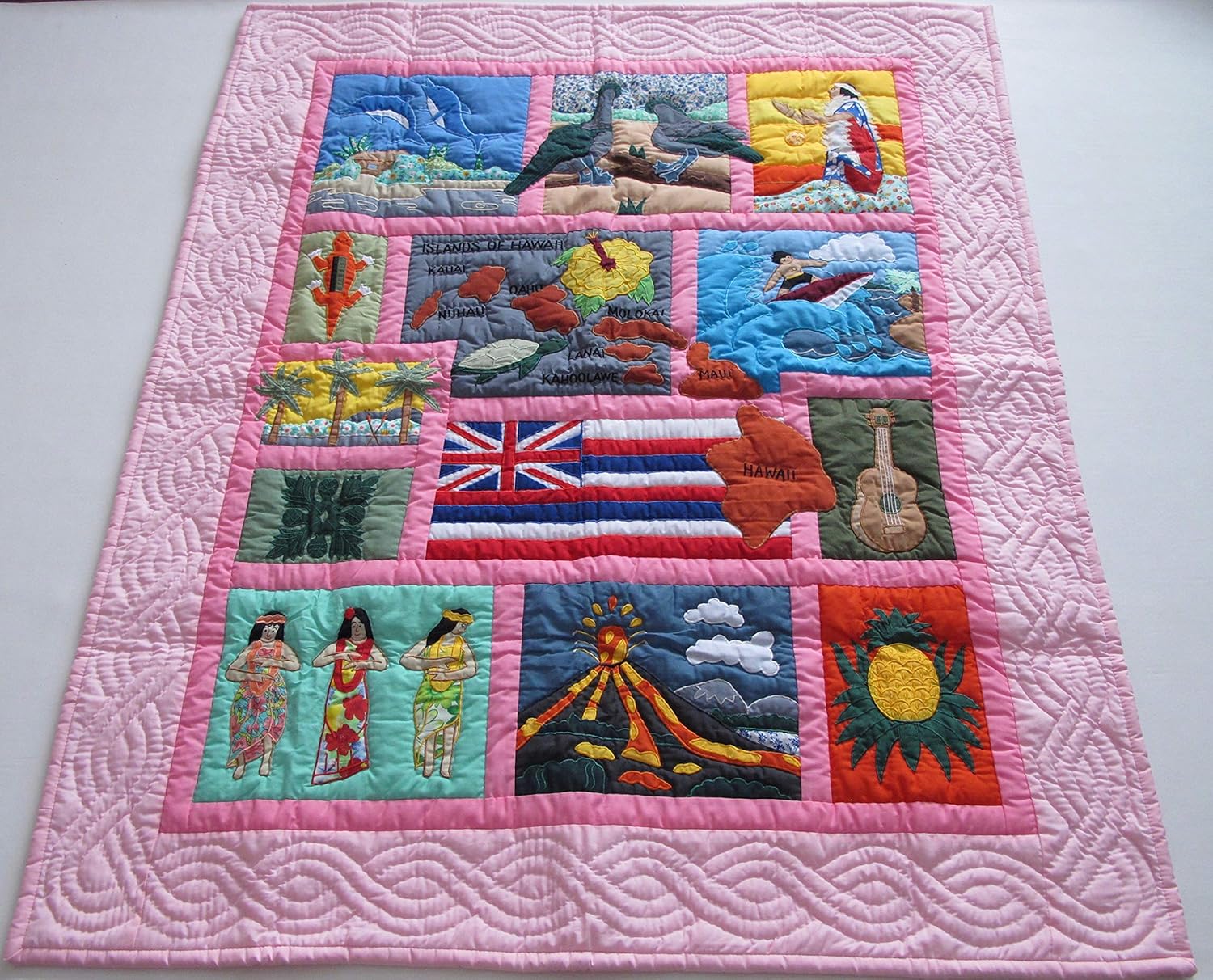 Hawaiian Style Quilt Baby Crib Blanket Comforter Wall Hanging Hand Quilted and Machine Appliqued
