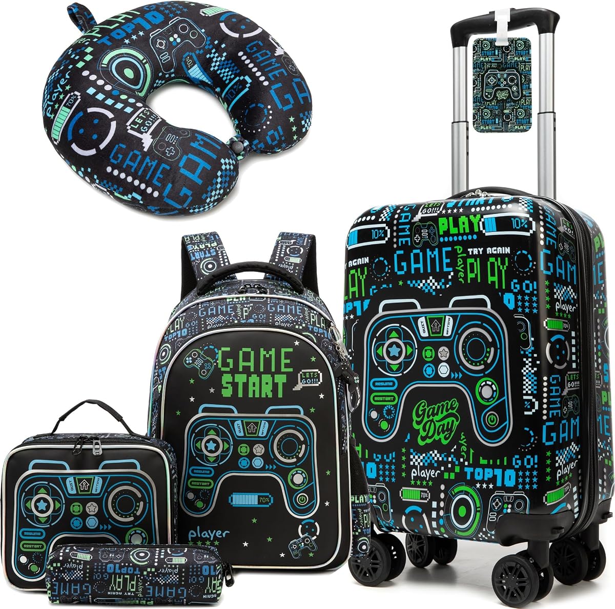 Kid's Luggage Set 5 Piece Suitcase Set 16" Hardside Luggage with Spinner Wheels Boys Carry on Toddler Travel Rolling Luggage Airline Approved