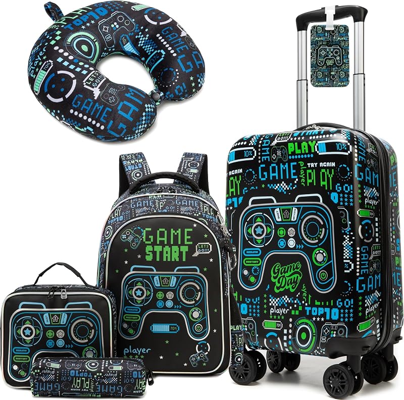Kid's Luggage Set 5 Piece Suitcase Set 16" Hardside Luggage with Spinner Wheels Boys Carry on Toddler Travel Rolling Luggage Airline Approved