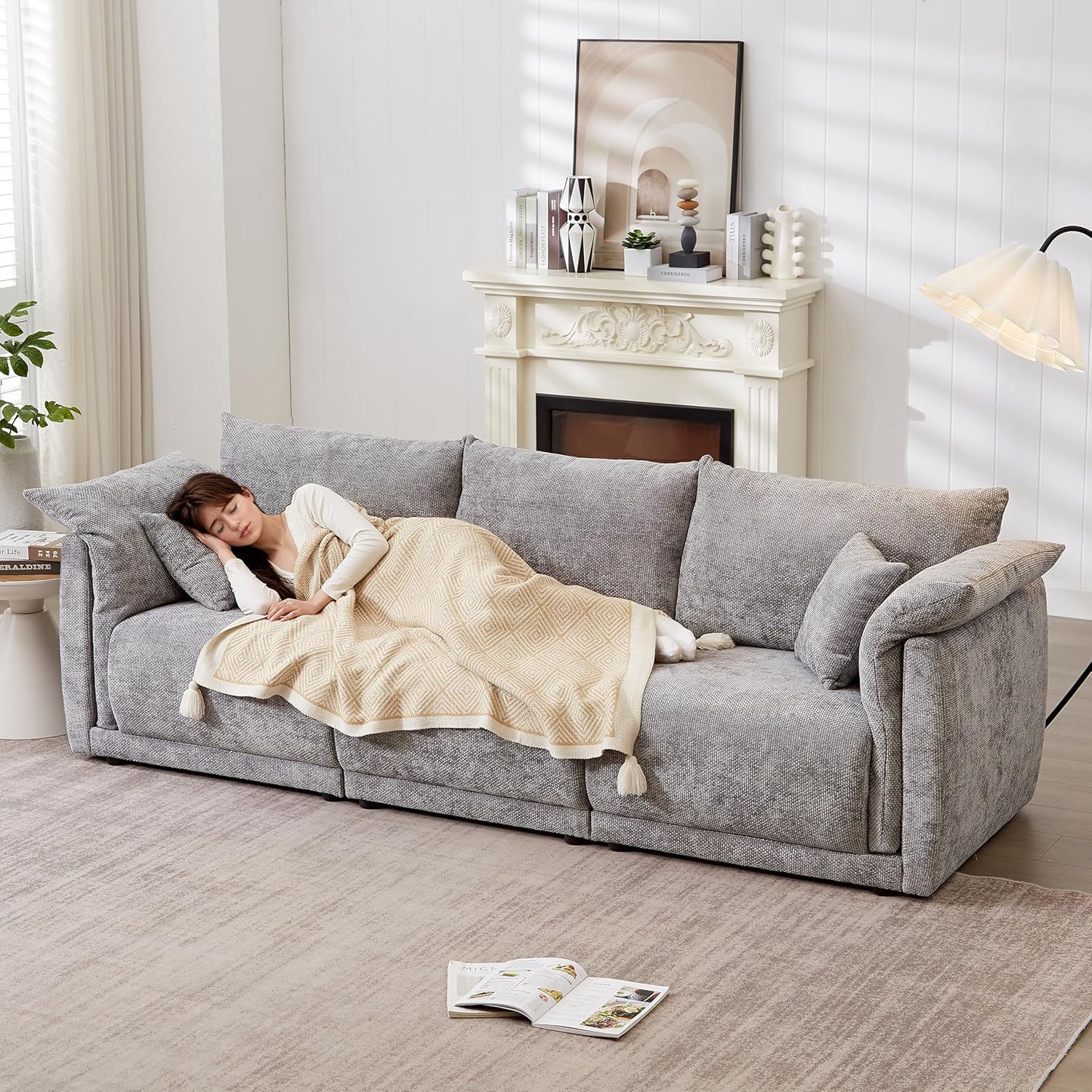 Modern Living Room Linen Recliner Sofa,3 seat Sofa, Contemporary Sofa Couch Spring Cushions and Solid Wood Frame, Easy to Install (98.5inch，Gray)