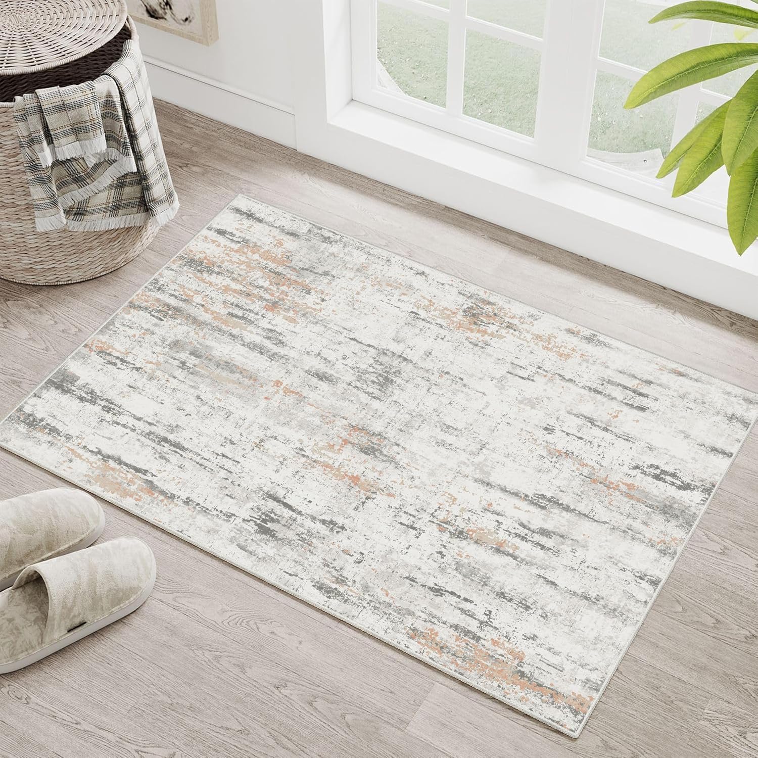 MUJOO 5x7 Washable Area Rug - Modern Abstract Non Slip Low Pile,Large Coastal Grey and Blue Rug for Living Room Bedroom Dining Room