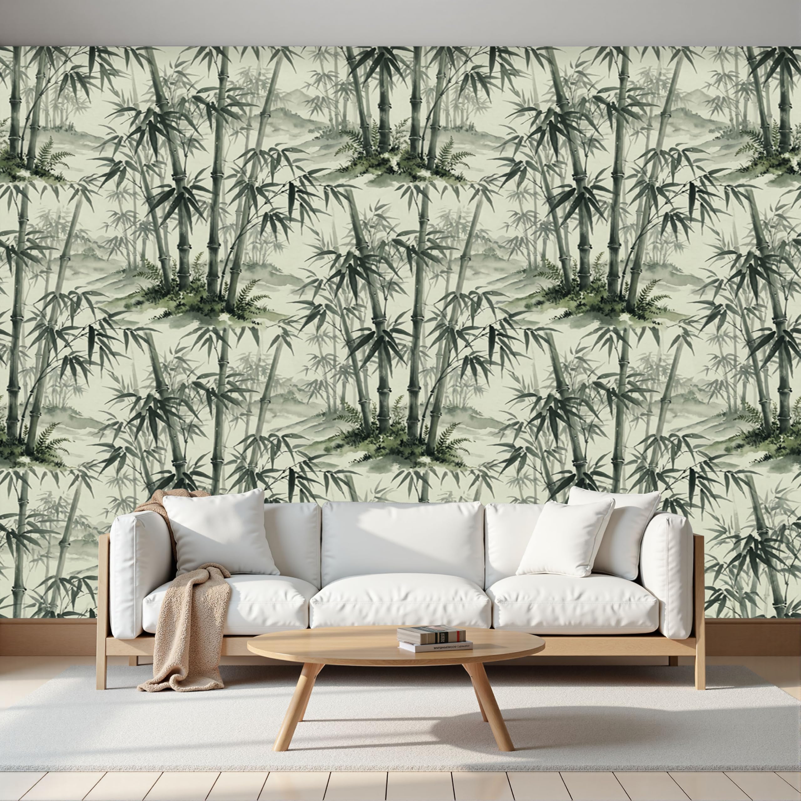 Carta da Parati Panoramica Stile di pittura a inchiostro cinese | Spazio retrò in bambù Carta Da Parati Fotografica 350x256cm Da Parete Per Soggiorno Camera Da Letto Murali Seta Verde scuro