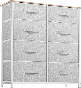 DWVO Dresser for Bedroom, Fabric Dresser with 8 Drawers, Tall Dresser, Double Dresser, Chest of Drawers for Closet, Living Room, Sturdy Steel Frame, Wooden Top, Easy Pull Handle, Grey