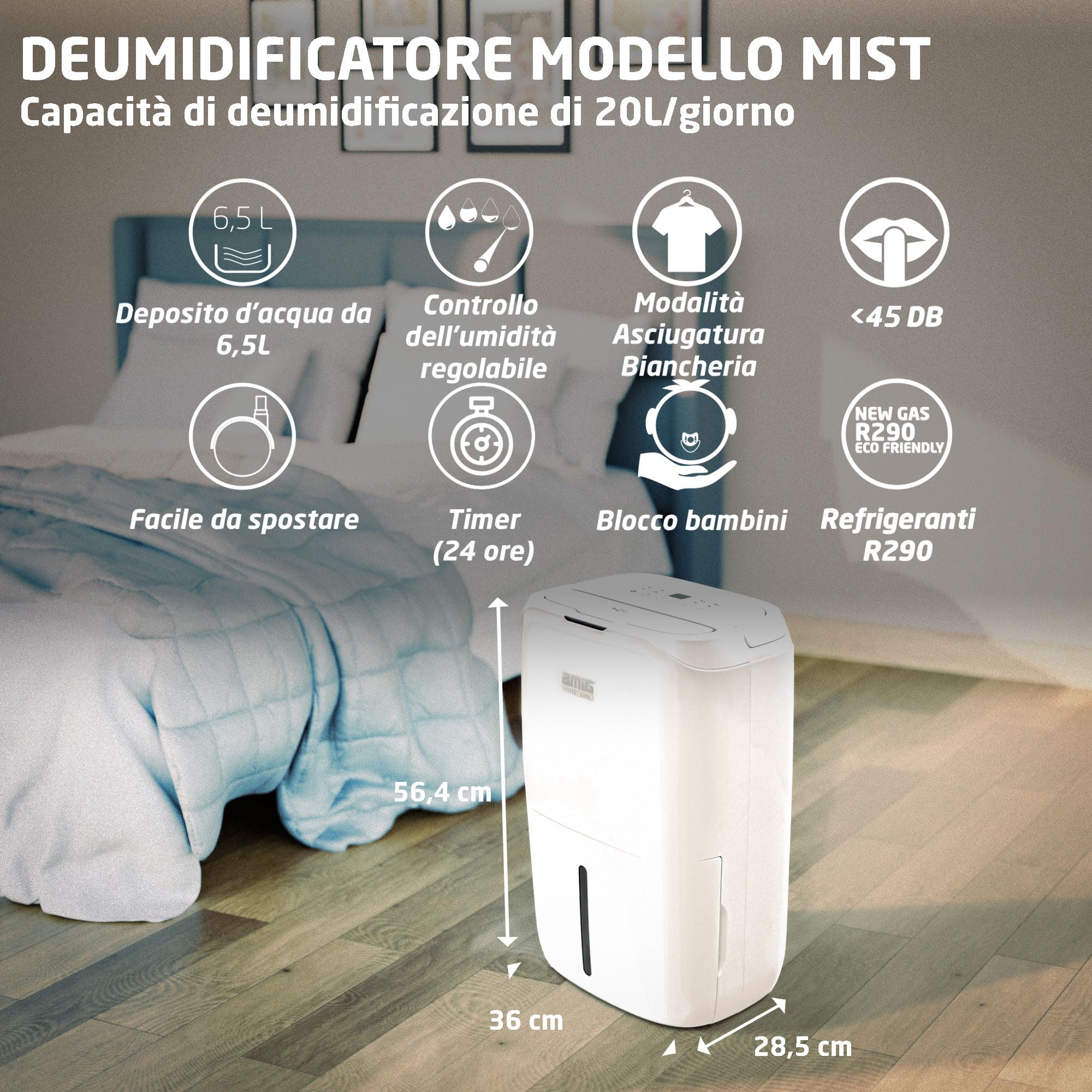 Amig – Deumidificatore MIST | Capacità 20L/giorno | Controllo dell'Umidità e Timer | Serbatoio dell'Acqua 6,5L | 36 x 28 x 56 cm | 260W | Copertura 165m³/h | Silenzioso 45 dB | Asciugatura Vestiti