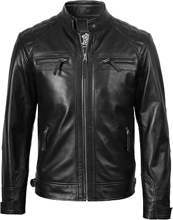 fjackets Mens Leather Jacket Moto Style Real Lambskin Leather Jacket, Quilted Cafe Racer Classic Zip Up Biker Jacket for Mens