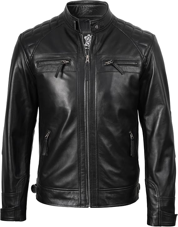 fjackets Mens Leather Jacket Moto Style Real Lambskin Leather Jacket, Quilted Cafe Racer Classic Zip Up Biker Jacket for Mens