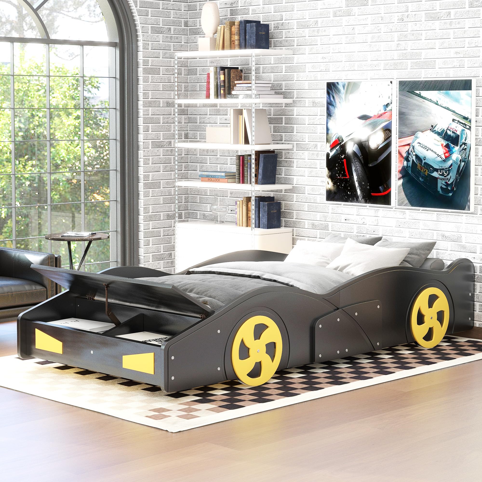 SOFTSEA Twin Size Race Car-Shaped Platform Bed with Wheels and Storage, Wood Low Floor Bed Frame w/Rails, Race Car Bed Frames with Storage for Kids,