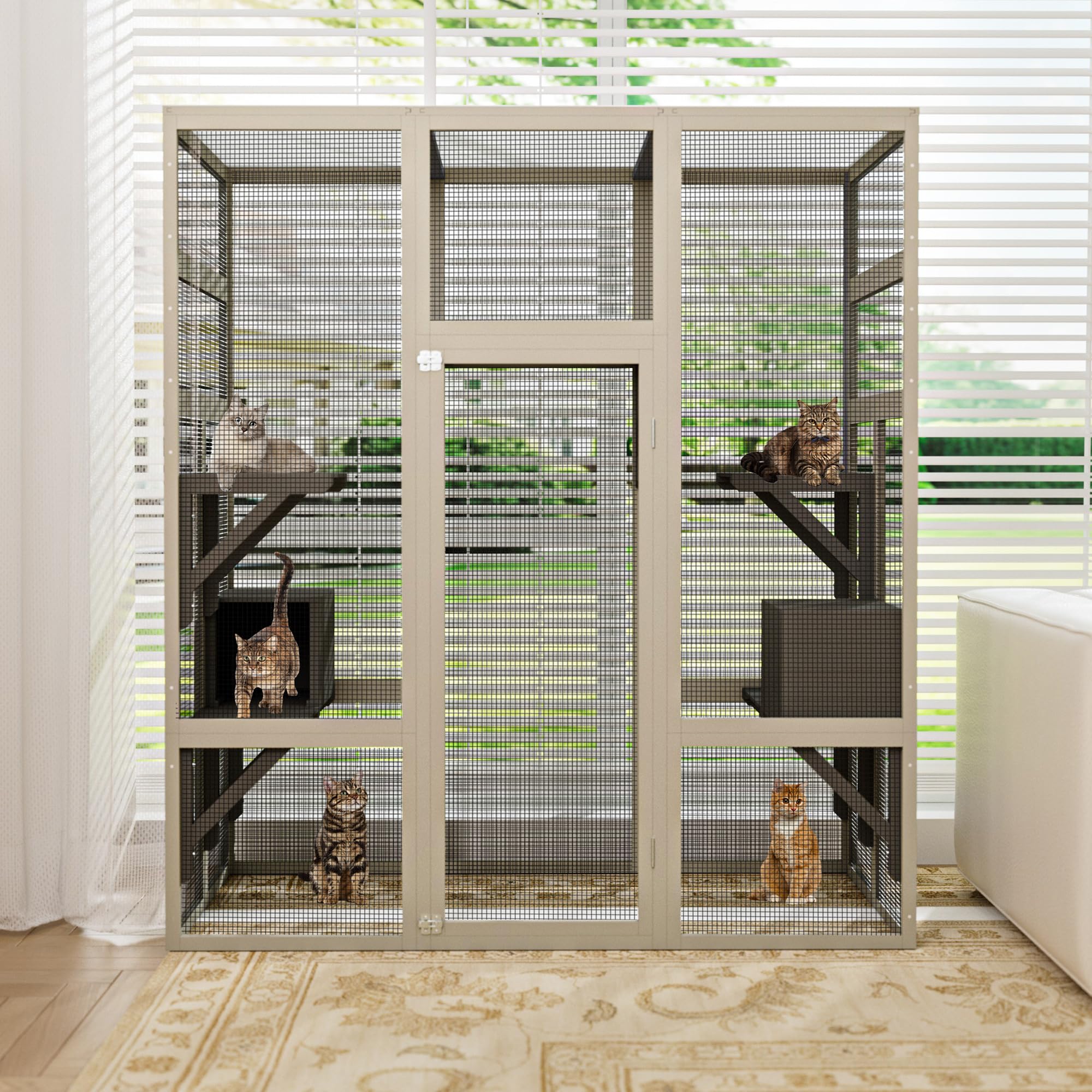 Catio Outdoor Cat Enclosure, 70.1" Large Wood Catio Outdoor Cats Enclosure with Waterproof Roof, 2 Cat Resting Box & Platforms, UV Resistant, Secure Rust-Proof Wire Pet Cage for Patio or Backyard