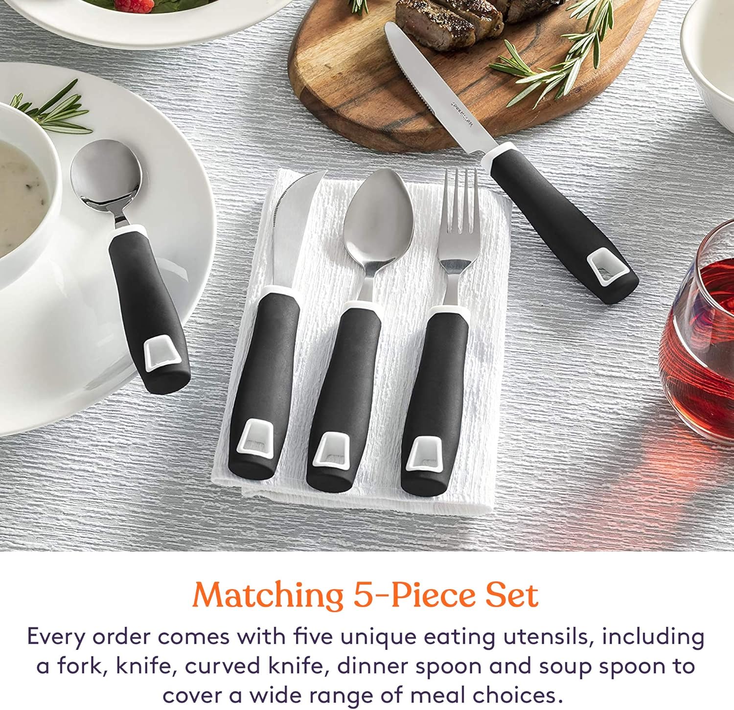 Special Supplies Adaptive Utensils 5-Piece Set Non-Weighted, Non-Slip Handles for Hand Tremors, Arthritis, Parkinson’s or Elderly Use - Stainless Steel Knife, Rocker Knife, Fork, Spoons -Black : Health & Household